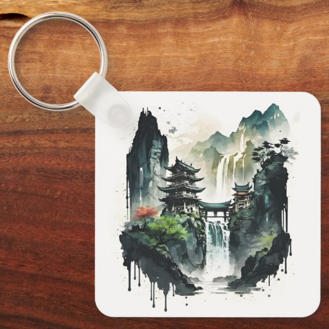 Porte-clés Ancient Chinese Ink Landscape with Waterfall (Recto)