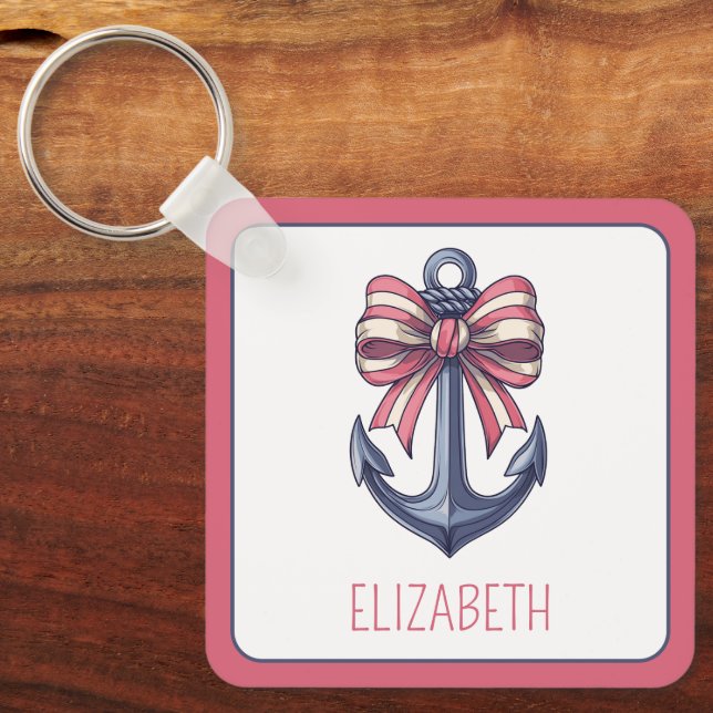 Porte-clés Ancre bleu marine avec arc à rayures rouge et blan (Recto)