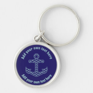 Porte-clés Ancre Chevron bleu Texte personnalisé nautique