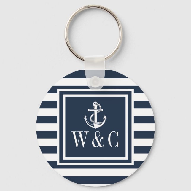 Porte-clés Ancre de bateau rayée bleu marine Monogramme (Recto)