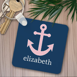 Porte-clés Ancre nautique avec Motif Navy Pink Chevron