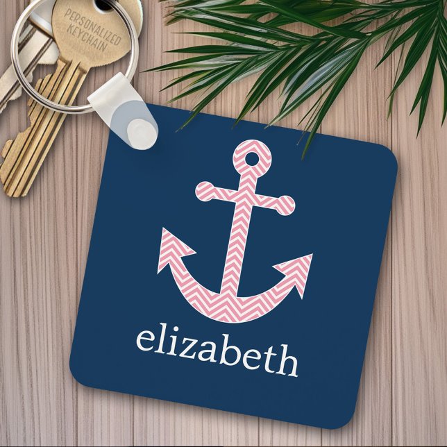 Porte-clés Ancre nautique avec Motif Navy Pink Chevron (Personalized keychain - add name)