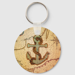 Porte-clés Ancre vintage de carte nautique côtière de plage