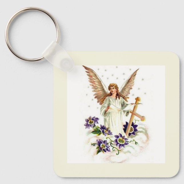 Porte-clés Ange avec croix et fleurs de clématite  (Recto)