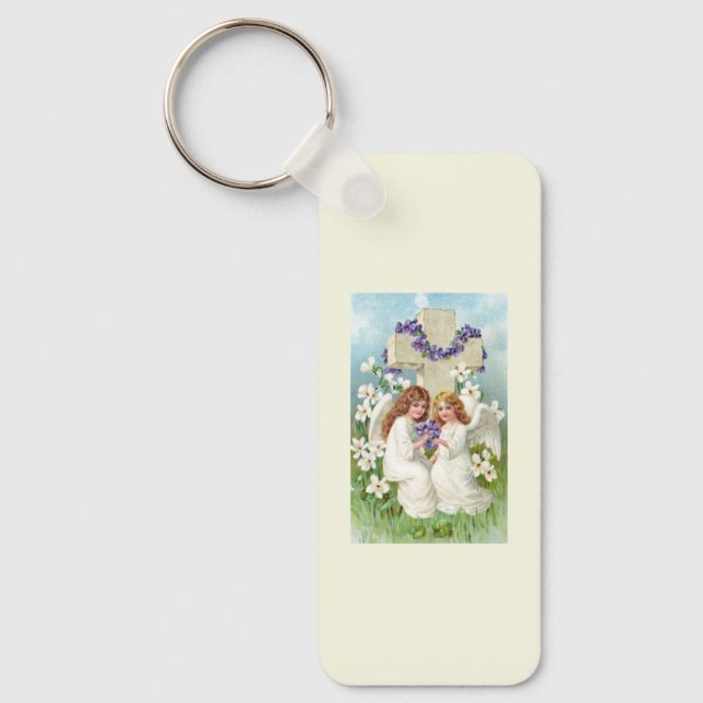 Porte-clés Anges Mignons Avec Croix Et Fleurs  (Recto)