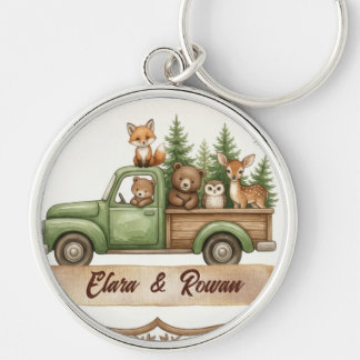Porte-clés Animaux de la forêt à l'aquarelle Camion vert