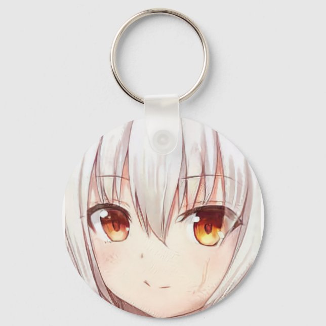 Porte-clés Anime mangue fille sourire cheveux argent ambre ye (Recto)