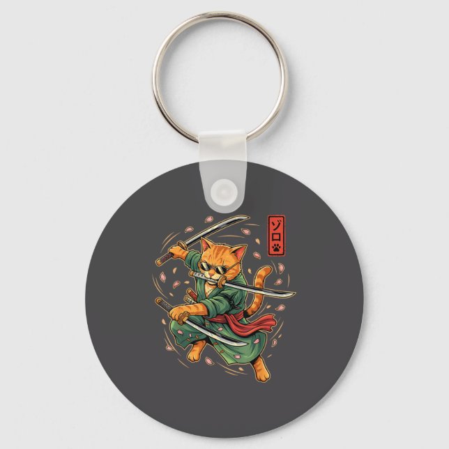 Porte-clés Anime Samouraï Chat Trois Épées Art Style Japonais (Recto)