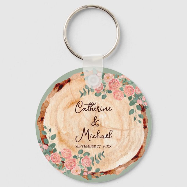 Porte-clés Anneaux d'écorce en bois rustique Aquarelle rose R (Recto)
