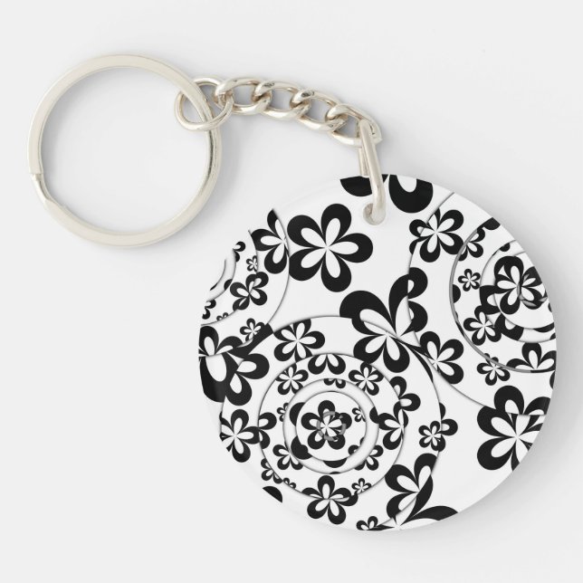 Porte-clés Anneaux et fleurs noirs et blancs (Devant)