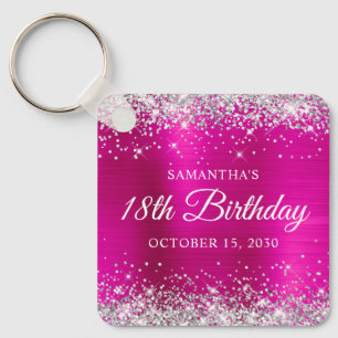Porte-clés Anniversaire 18 ans paillettes argentées rose chau