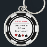 Porte-clés Anniversaire Poker Chip Casino Thème Noir Blanc<br><div class="desc">Ce porte - clé de style puces de poker noir et blanc ferait un cadeau parfait pour le garçon d'anniversaire, ou, pour toute la fête comme un cadeau! Personnalisez votre design avec un nom et une date de naissance # en noir au centre, et votre texte personnalisé en rouge au...</div>