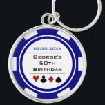 Porte-clés Anniversaire Poker Chip Vegas Thème Marine Bleu Bl<br><div class="desc">Ce porte - clé de style puce marine bleu et blanc de poker ferait un cadeau parfait pour le garçon d'anniversaire, ou, pour toute la fête en cadeau! Personnalisez votre design avec un nom et une date de naissance # en noir au centre, et votre texte personnalisé en bleu au...</div>