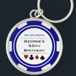 Porte-clés Anniversaire Poker Chip Vegas Thème Marine Bleu Bl<br><div class="desc">Ce porte - clé de style puce marine bleu et blanc de poker ferait un cadeau parfait pour le garçon d'anniversaire, ou, pour toute la fête en cadeau! Personnalisez votre design avec un nom et une date de naissance # en noir au centre, et votre texte personnalisé en bleu au...</div>