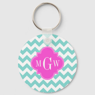Porte-clés Aqua Blanc Chevron Rose Chaud Quatrefoil 3 Monogra