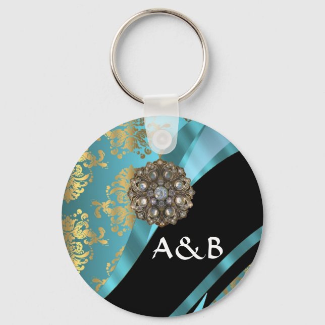 Porte-clés Aqua bleu & or damask faux cristal (Recto)