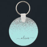 Porte-clés Aqua bleu Turquoise Parties scintillant argent Mon<br><div class="desc">Aqua Blue - Turquoise et Silver Sparkle Parties scintillant Script Monogramme Nom Keychains (Porte - clé). Cela rend le cadeau parfait pour 16 ans,  mariage,  douche nuptiale,  anniversaire,  baby shower ou bachelorette pour quelqu'un qui aime le luxe glam et les styles chic.</div>