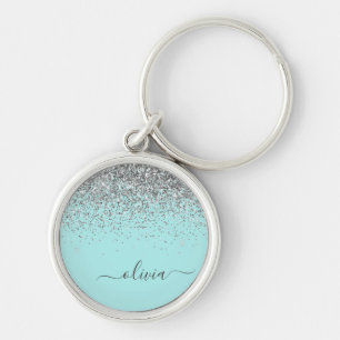 Porte-clés Aqua Blue Teal Argent Paillettes Monogramme