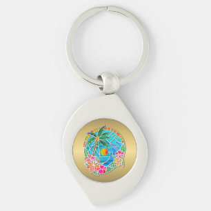Porte-clés Aqua et Gold Ocean Palm Tree Paysage d'été