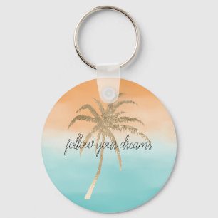 Porte-clés Aqua Peach Gold Tropical Palm Trees Ombre