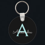 Porte-clés Aqua Teal Blue Script Girly Monogram<br><div class="desc">Noir et Aqua Turquoise Bleu Simple Script Monogramme Nom Keychains (Porte - clé). Cela rend le cadeau parfait pour 16 ans,  mariage,  douche nuptiale,  anniversaire,  baby shower ou bachelorette pour quelqu'un qui aime le luxe glam et les styles chic.</div>