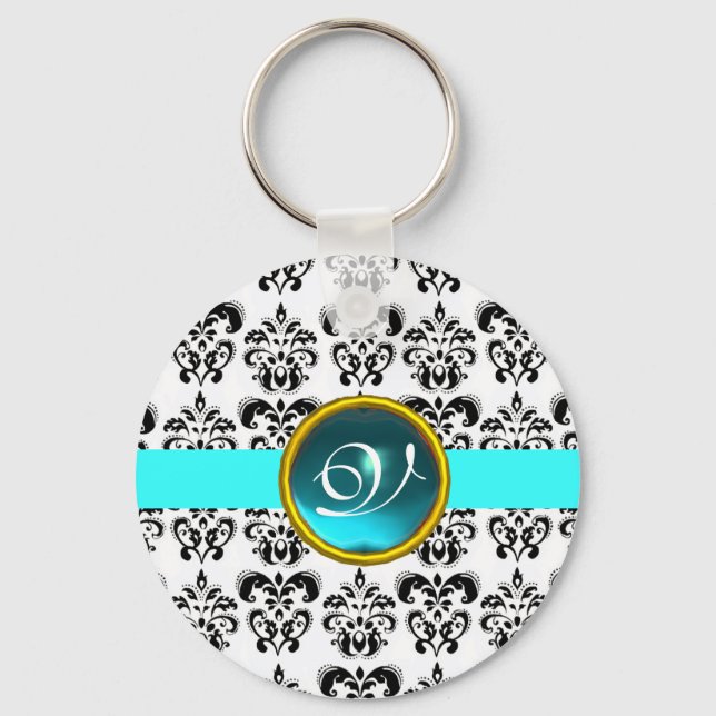 Porte-clés AQUAMARINE DAMASK MONOGRAM, turquase bleue (Recto)