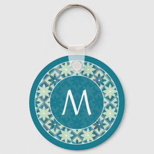 Porte-clés Aquamarine Monogramme Floral Carreaux Porte - clé