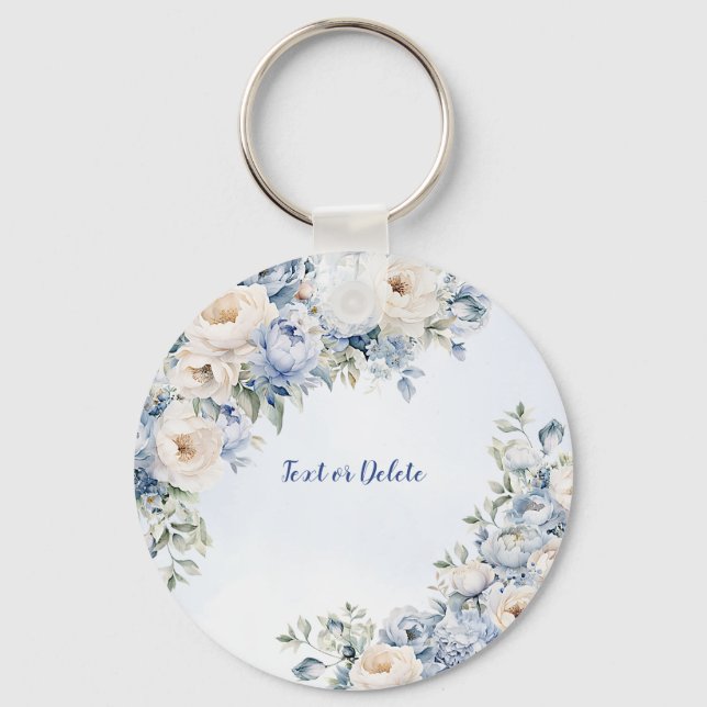 Porte-clés Aquarelle bleu Dusty Fleurs d'ivoire Feuille (Recto)