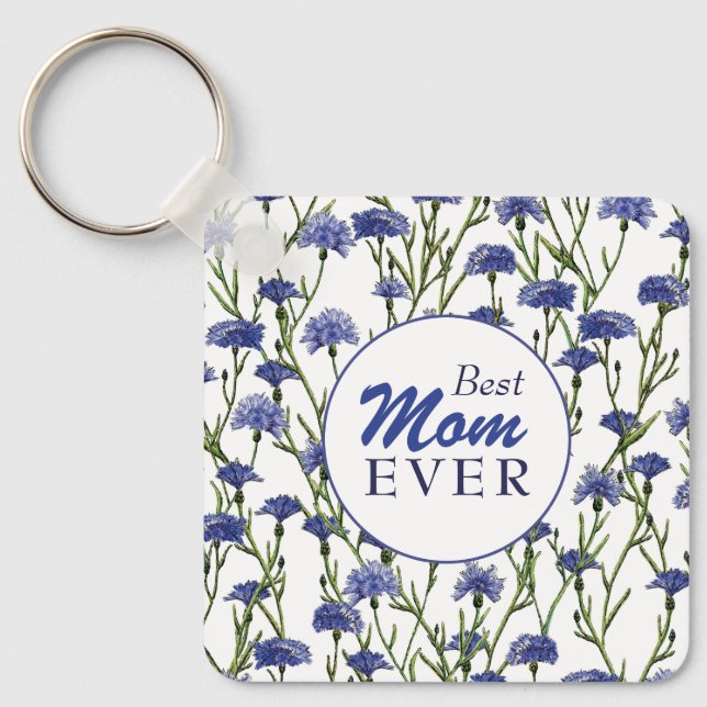 Porte-clés Aquarelle Bleu Fleurs de Cornouailles Fête des Mèr (Recto)