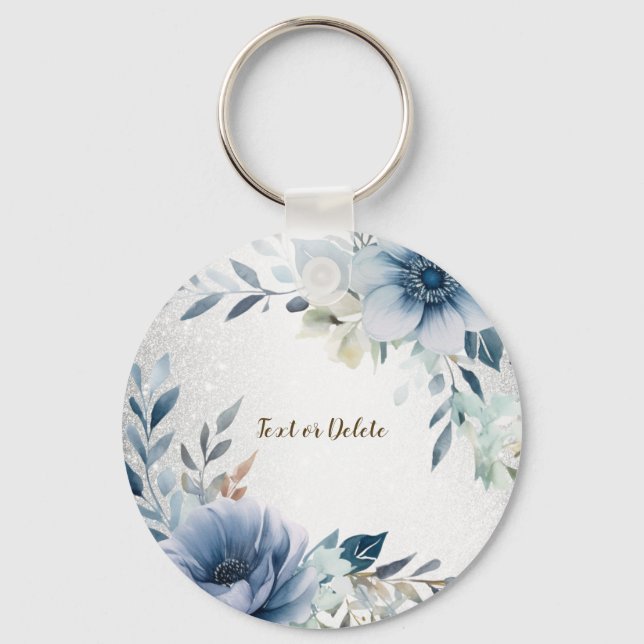 Porte-clés Aquarelle bleu foncé Fleurs Argent Élégant (Recto)