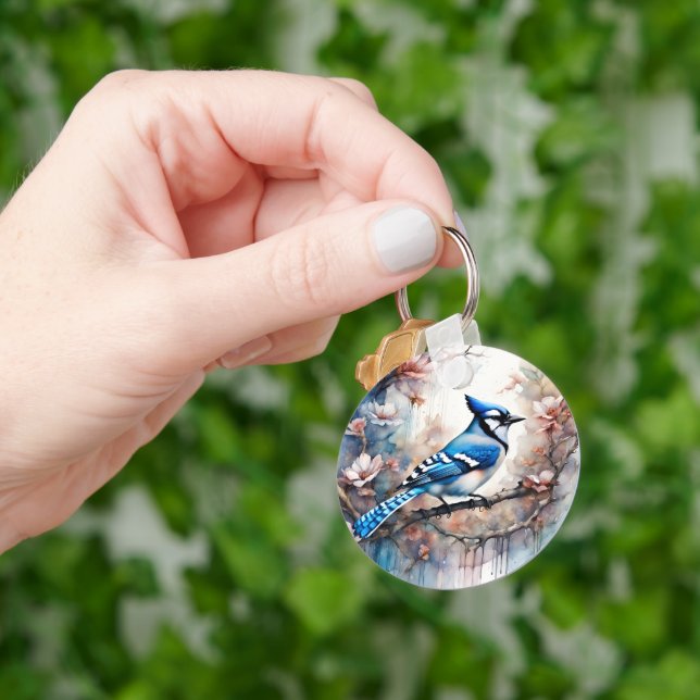 Porte-clés Aquarelle bleu Jay Cherry Blossoms (main)