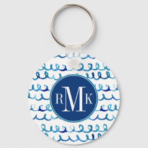 Porte-clés Aquarelle bleu peinte à la main Motif ondulé