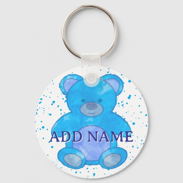 Porte-clés Aquarelle bleu Teddy Bear Nom personnalisé (Verso)