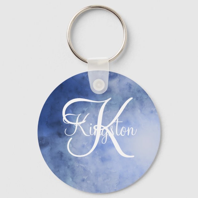 Porte-clés Aquarelle bleue et blanche monogrammée (Recto)