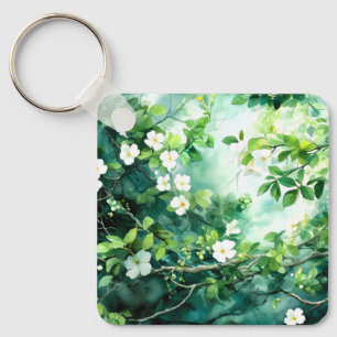 Porte-clés Aquarelle botanique fleurs blanches feuilles verte