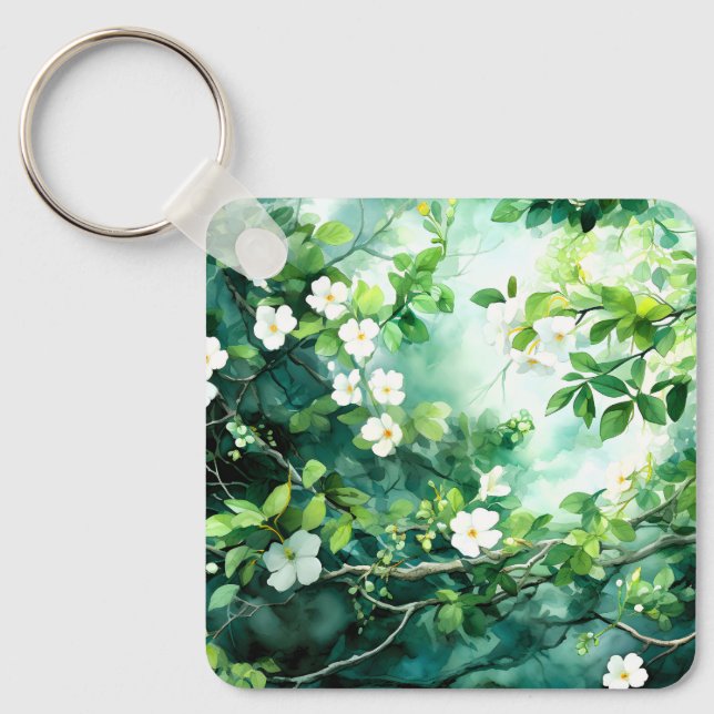 Porte-clés Aquarelle botanique fleurs blanches feuilles verte (Recto)