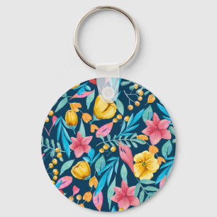 Porte-clés Aquarelle botanique : fleurs, ornement feuille.