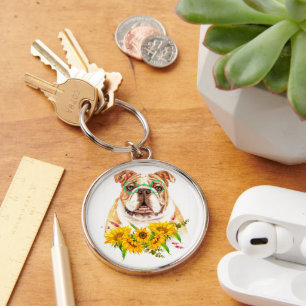 Porte-clés Aquarelle Bulldog & Sunflower