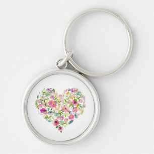 Porte-clés Aquarelle Coeur rose Floral Amour Élégant