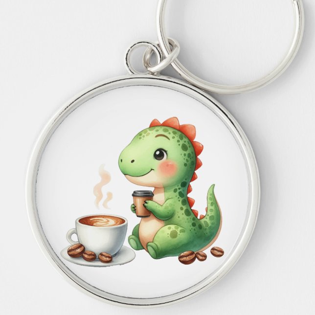 Porte-clés aquarelle Cute Dinosaur Premium Round large (Devant)
