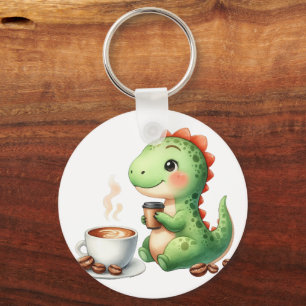 Porte-clés aquarelle Cute Dinosaur T Rex boire du café