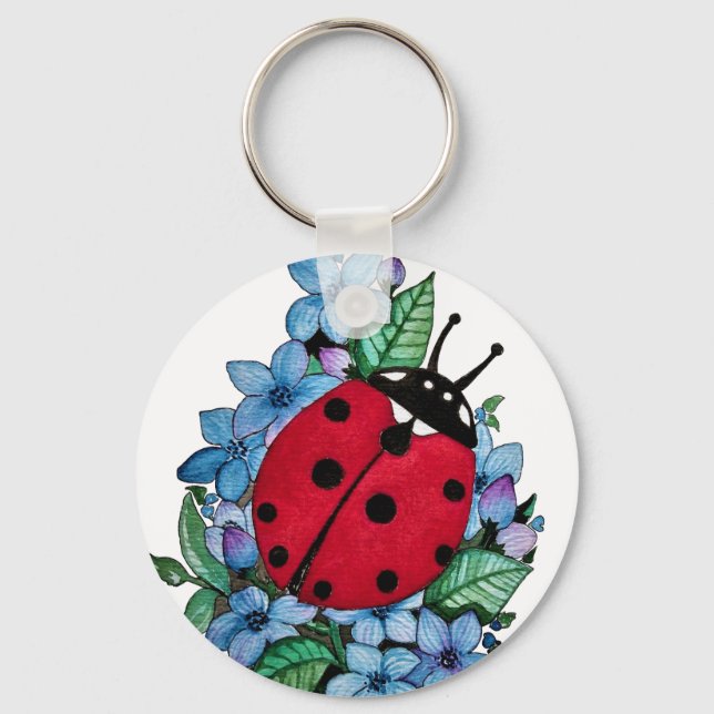 Porte-clés Aquarelle Cute Ladybird Avec Fleurs Bleues Sauvage (Recto)