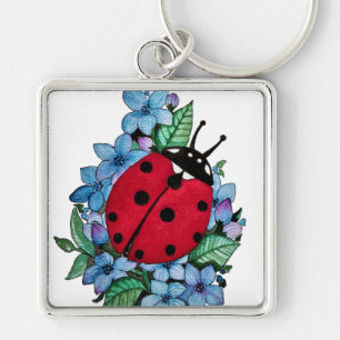 Porte-clés Aquarelle Cute Ladybird Avec Fleurs Bleues Sauvage