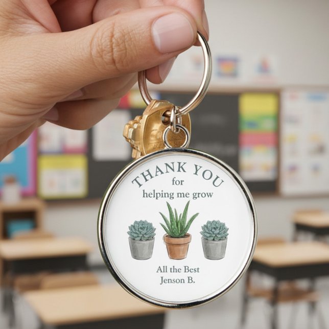 Porte-clés Aquarelle de succulente Merci de m'avoir aidé à gr (Personalized Keyring with succulents and "thank you for helping me grow" message by Darling & May)