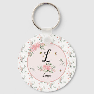 Porte-clés Aquarelle Élégantes Roses Roses avec Papillons