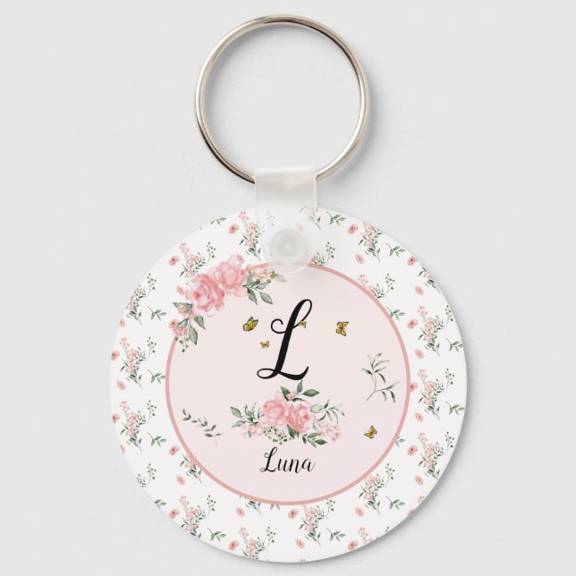 Porte-clés Aquarelle Élégantes Roses Roses avec Papillons (Recto)