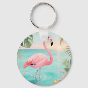Porte-clés Aquarelle Flamant Rose Coucher de Soleil Tropical