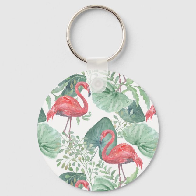 Porte-clés Aquarelle flamants roses et feuilles. (Recto)