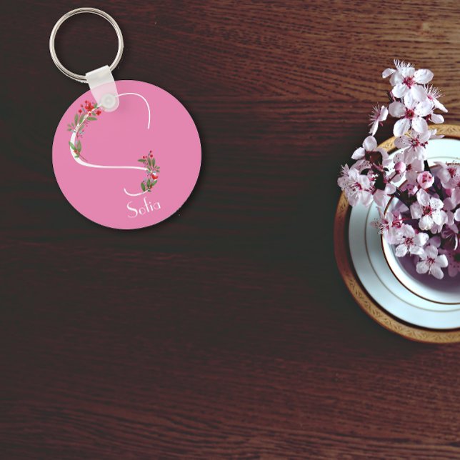 Porte-clés Aquarelle fleur sauvage monogramme rose (Créateur téléchargé)