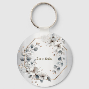 Porte-clés Aquarelle Fleurs blanches Cadre doré Argent Turquo